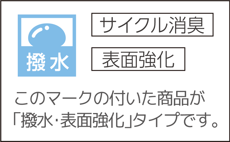 このマークの付いた商品が「撥水・表面強化」タイプです。